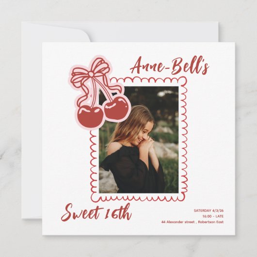 Girls Cherry Sweet 16th Birthday Invitation 招待状 (正面)