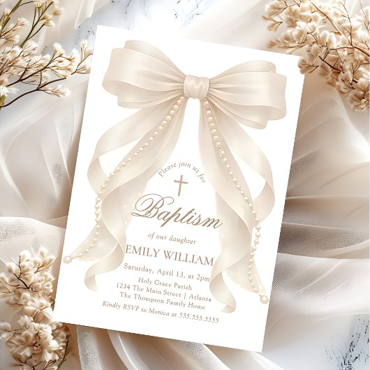 Girl's Christian Baptism Pearl Bow Invitation 招待状