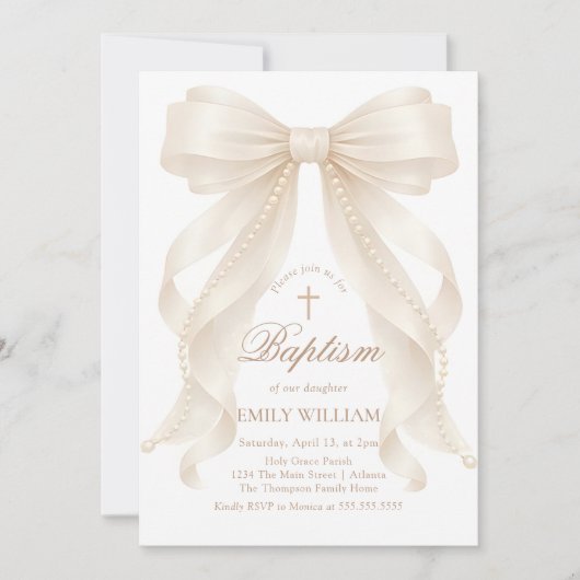 Girl's Christian Baptism Pearl Bow Invitation 招待状 (正面)