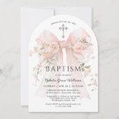Girl's Christian Baptism Pink Floral Bow 招待状 (正面)