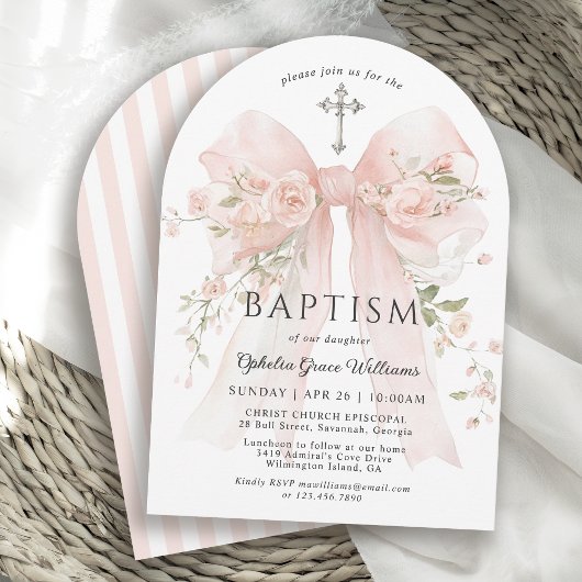 Girl's Christian Baptism Pink Floral Bow 招待状