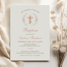 Girl's Christian Baptism Pink Floral Bow 招待状