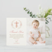 Girl's Christian Baptism Pink Floral Bow Photo サンキューカード (スタンド正面)