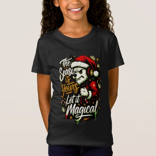 Girls' Christmas Bear DJ Edgy Holiday Magic Tee  Tシャツ (正面)