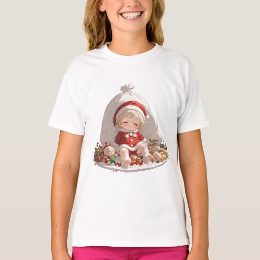 Girls Christmas T-Shirt | Cute Santa Kids Tee Tシャツ (正面)