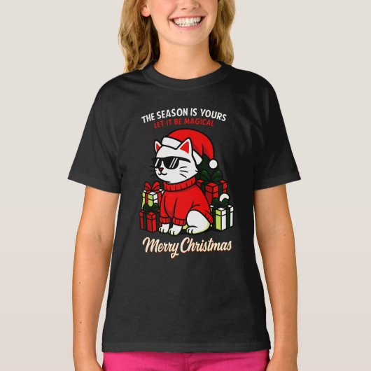 Girls' Cool Cat Funny Festive Christmas Tシャツ (正面)