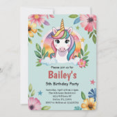 Girls Cute Blue Unicorn Kids Birthday 招待状 (正面)
