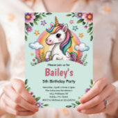 Girls Cute Blue Unicorn Kids Birthday 招待状