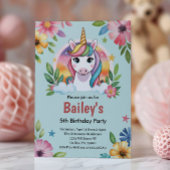 Girls Cute Blue Unicorn Kids Birthday 招待状