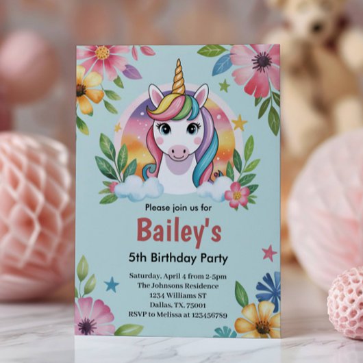 Girls Cute Blue Unicorn Kids Birthday 招待状