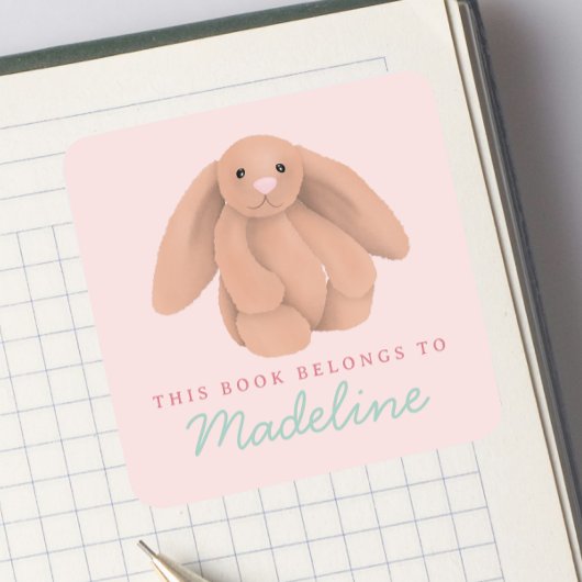 Girls Cute Bunny “This Book Belongs” Bookplate  スクエアシール
