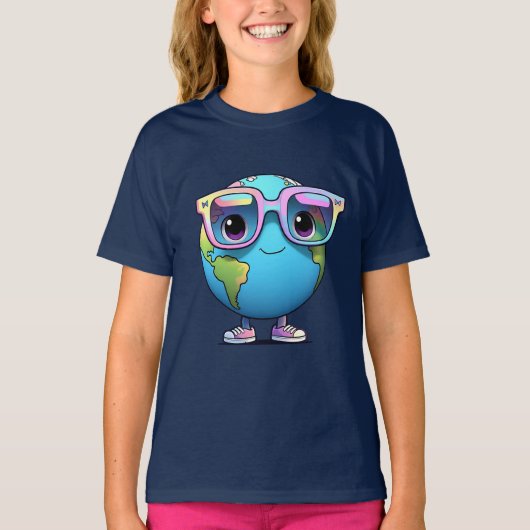 Girls' Cute Earth Cartoon Tee with Glasses Tシャツ (正面)