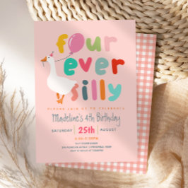 Girls Cute “Four Ever Silly” 4th Birthday Goose 招待状