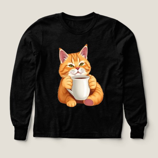 Girls Cute Ginger Cat Coffee Graphic Long Sleeve (デザイン正面)