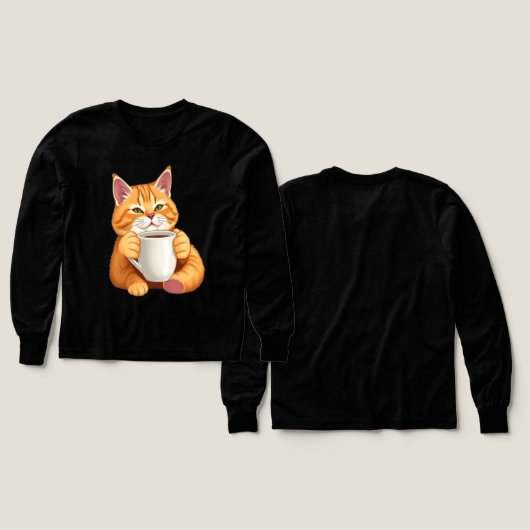 Girls Cute Ginger Cat Coffee Graphic Long Sleeve (デザイン 正面＆背面)