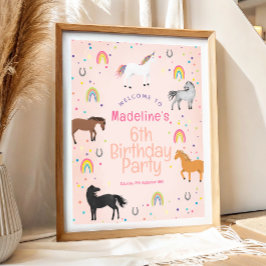Girls Cute Horse Unicorn Birthday Welcome Sign ポスター