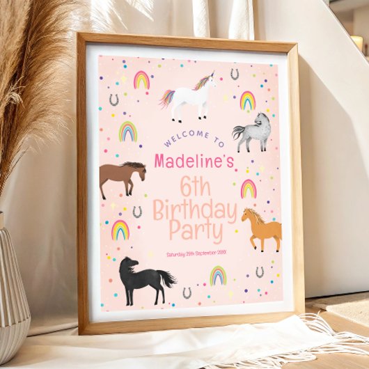 Girls Cute Horse Unicorn Birthday Welcome Sign ポスター