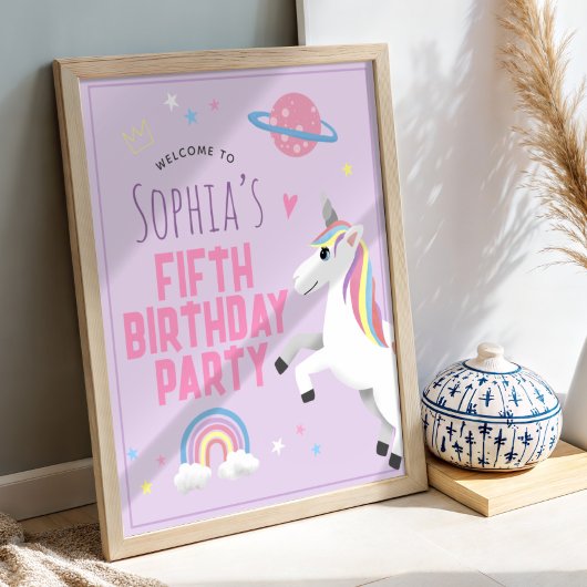 Girls Cute Magical Unicorn Birthday Welcome Sign ポスター