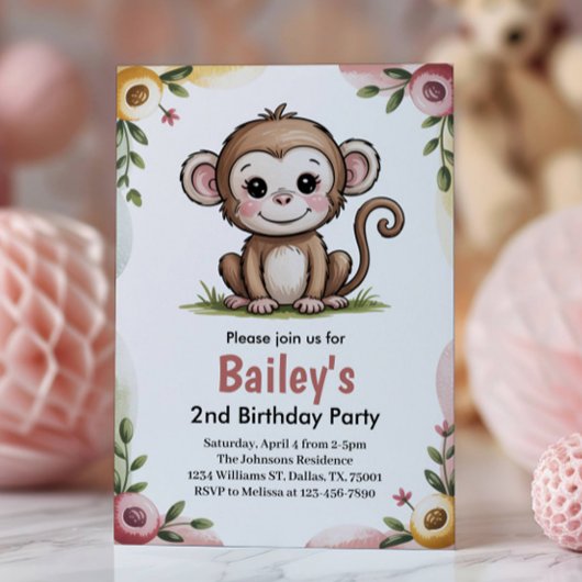Girls Cute Monkey Jungle Birthday Party 招待状