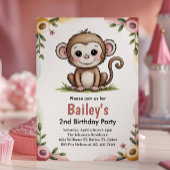 Girls Cute Monkey Jungle Birthday Party 招待状