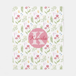 Girls Cute Monogram Name Floral Fleece Blanket フリースブランケット