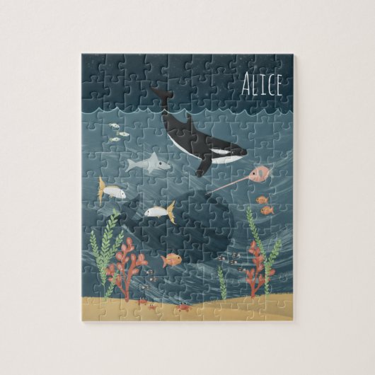 Girls Cute Night Ocean & Whimsical Orca Kids ジグソーパズル (縦)