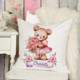Girls Cute Nursery Throw Pillow With A Teddy Bear クッション