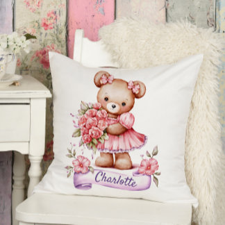 Girls Cute Nursery Throw Pillow With A Teddy Bear クッション