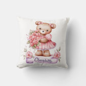 Girls Cute Nursery Throw Pillow With A Teddy Bear クッション (正面)