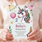 Girls Cute Pastel Unicorn Kids 2nd Birthday 招待状