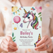 Girls Cute Pastel Unicorn Kids 4th Birthday 招待状