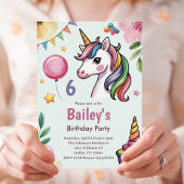 Girls Cute Pastel Unicorn Kids 6th Birthday 招待状