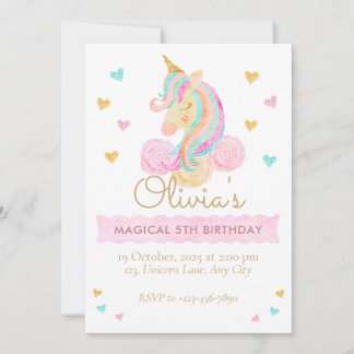 Girls Cute Pastel Unicorn Magical Birthday 招待状