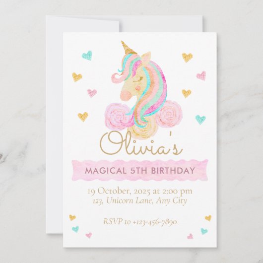 Girls Cute Pastel Unicorn Magical Birthday 招待状 (正面)