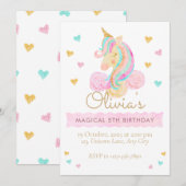 Girls Cute Pastel Unicorn Magical Birthday 招待状 (正面/裏面)