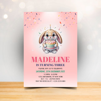 Girls Cute Pink Bunny Cake Birthday Invitation 招待状