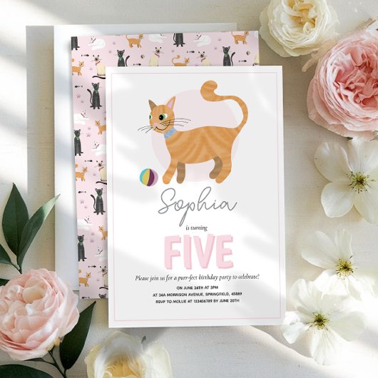 Girls Cute Pink Cat Kids Birthday 招待状