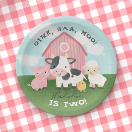Girls Cute Pink Farm Animal Barnyard Birthday  ペーパープレート