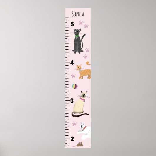 Girls Cute Pink Kitty Cat Cartoon Growth Chart ポスター (正面)