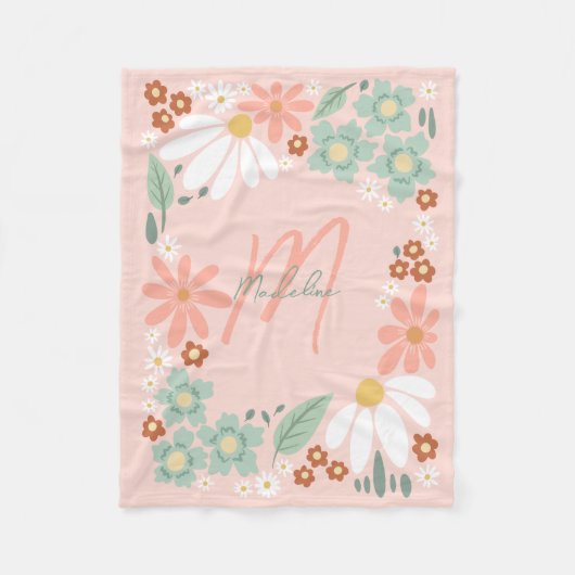 Girls Cute Pink Retro Wildflower Monogrammed フリースブランケット (正面)
