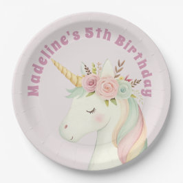 Girls Cute Pink Unicorn Birthday ペーパープレート