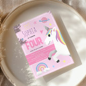 Girls Cute Pink Unicorn Kids 4th Birthday 招待状