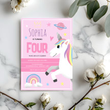 Girls Cute Pink Unicorn Kids 4th Birthday