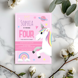 Girls Cute Pink Unicorn Kids 4th Birthday 招待状