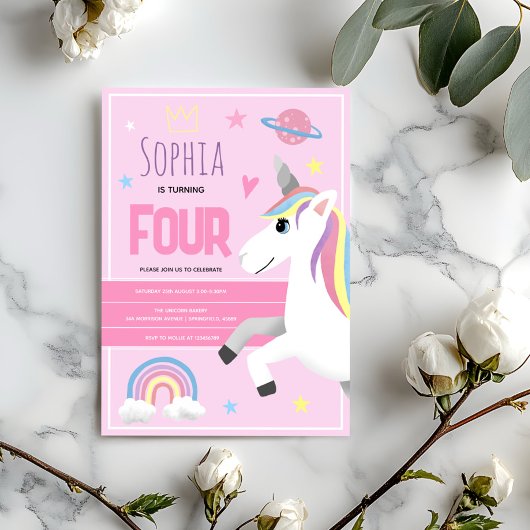 Girls Cute Pink Unicorn Kids 4th Birthday 招待状