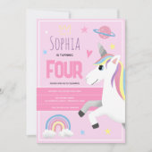 Girls Cute Pink Unicorn Kids 4th Birthday 招待状 (正面)