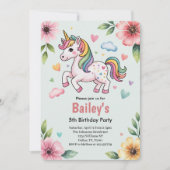 Girls Cute Pink Unicorn Kids 5th Birthday Party 招待状 (正面)