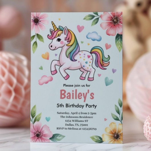 Girls Cute Pink Unicorn Kids 5th Birthday Party 招待状