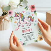 Girls Cute Pink Unicorn Kids Birthday Party 招待状