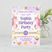 Girls Cute Purple Unicorn Kids 1th Birthday 招待状 (スタンド正面)